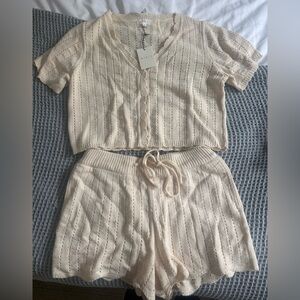 MARBLE Cream Knit Button-Front Crop Top & Drawstring Shorts Set